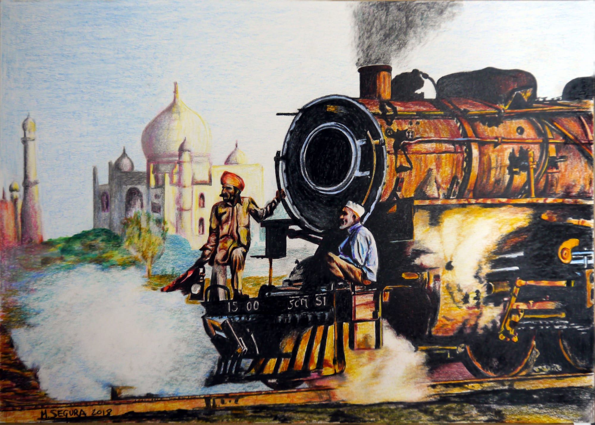 Obra: Máquina de vapor frente al Taj Mahal, India