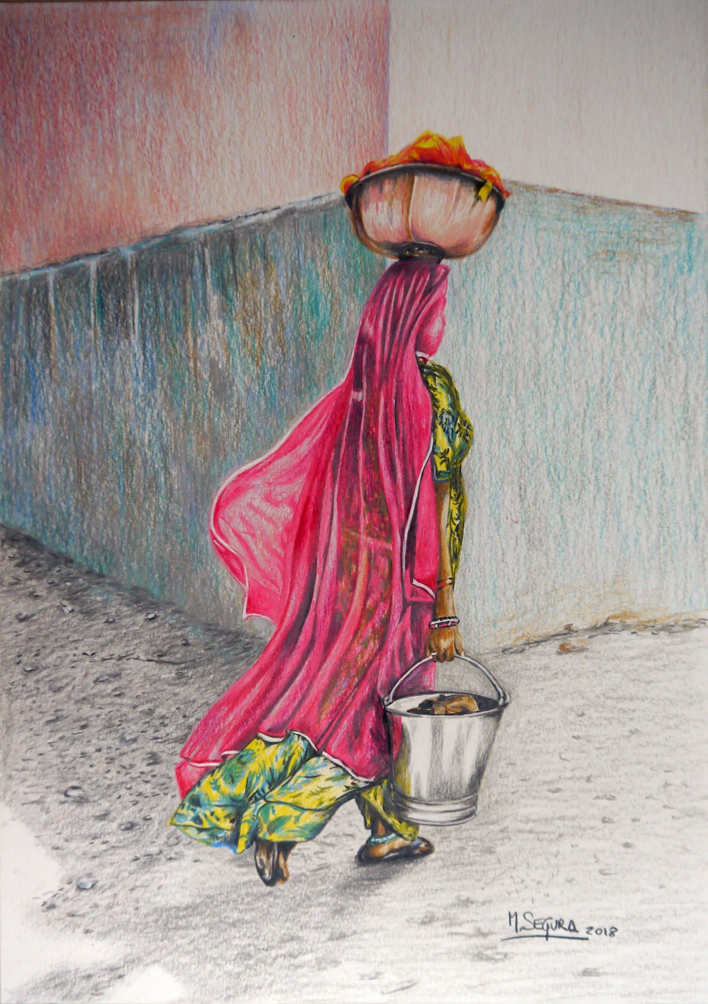 Obra: Mujer de Rajastán, India, portando agua y comida
