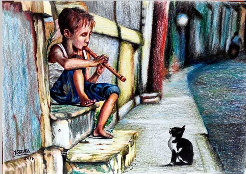 Obra: Músico callejero con gato