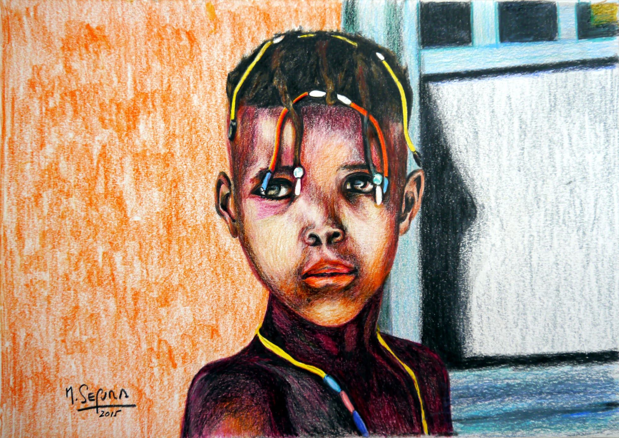 Obra: Niño africano con trenzas de colores