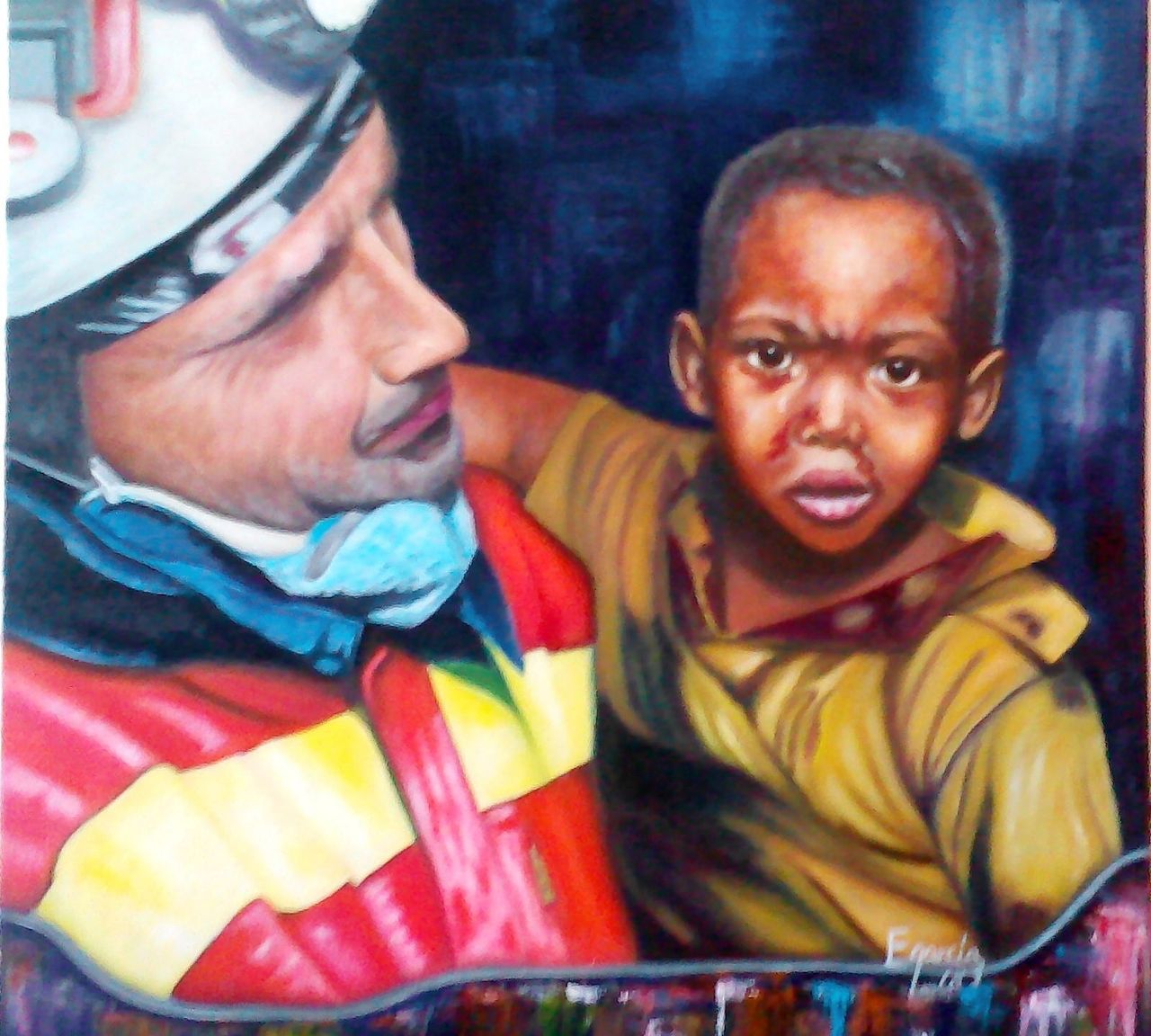 Obra: Bombero español con niño rescatado